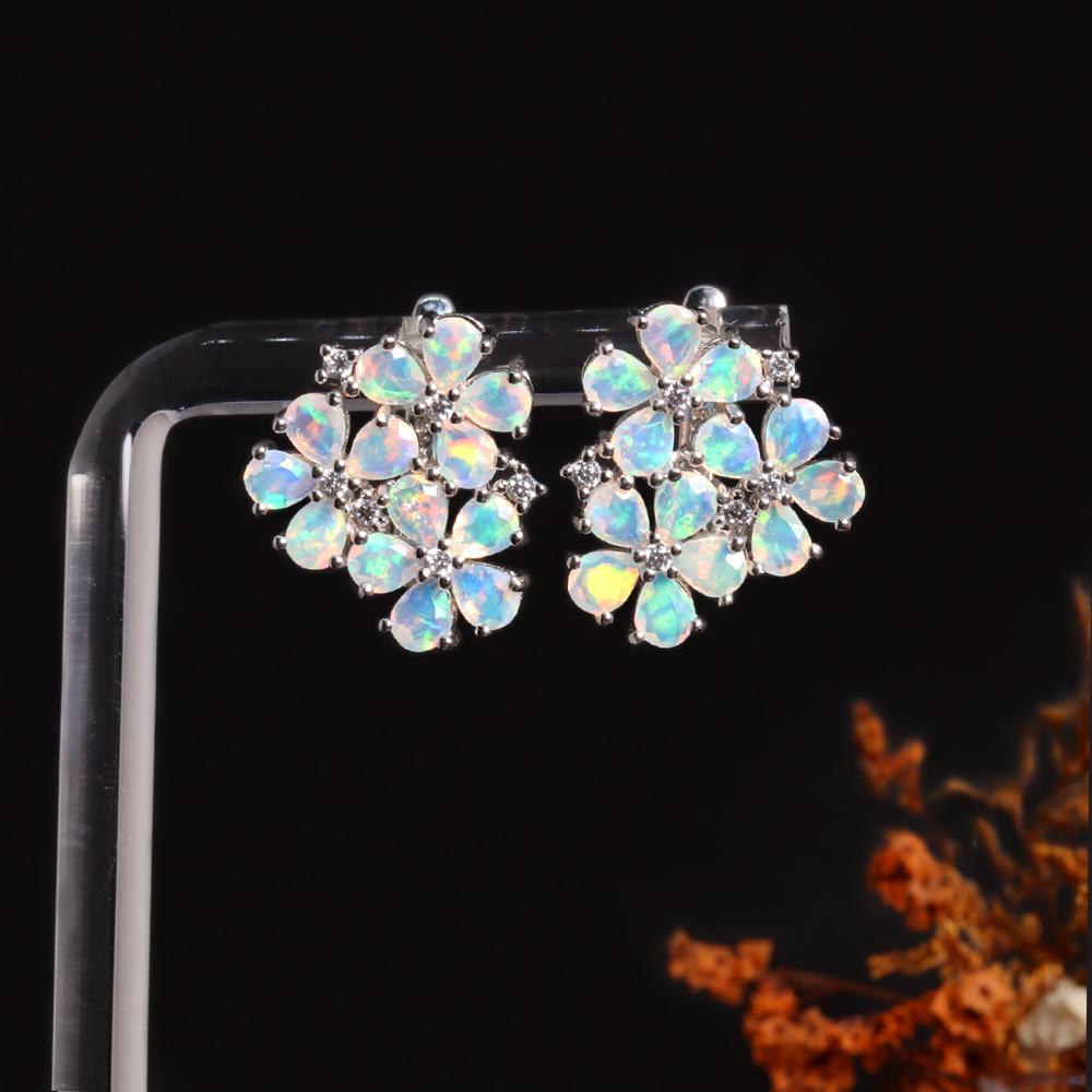 Gorgeous Colorful October Birthstone Flowers Designed Natural Opal Earrings 925 Silver Birthday Gifts for Women and Girls