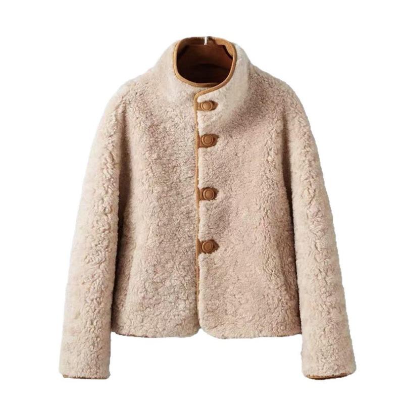 Maillard on both sides, loose stand-up collar, lamb wool coat, women's clothing, sheep shearing short coat, autumn and winter chic
