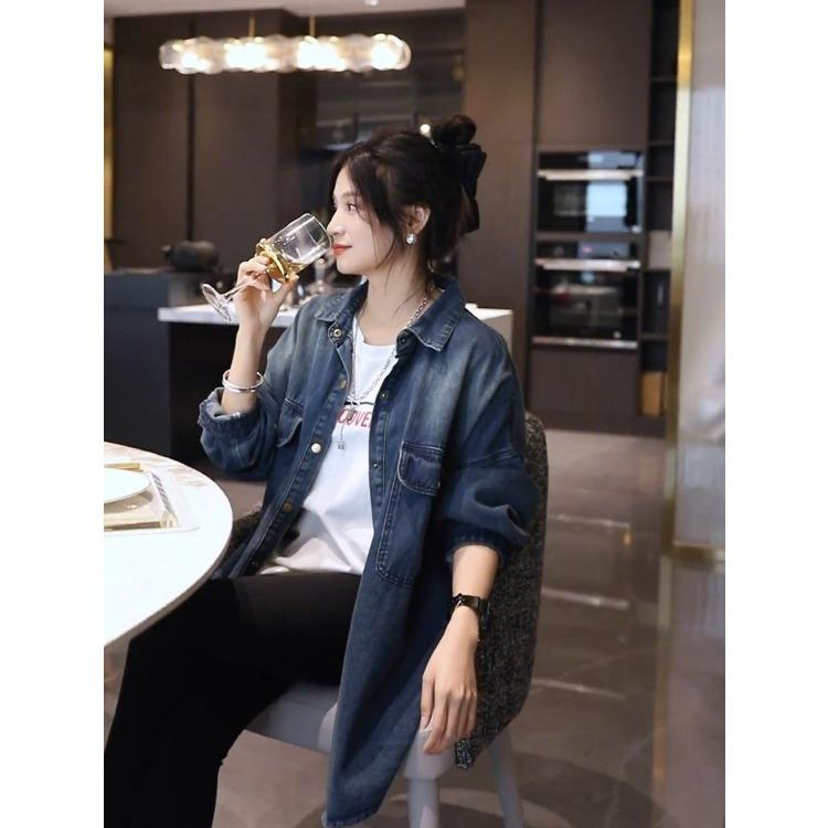 

Повседневная джинсовая рубашка свободного покроя для женщин в осенних нарядах в ленивом стиле one size синий