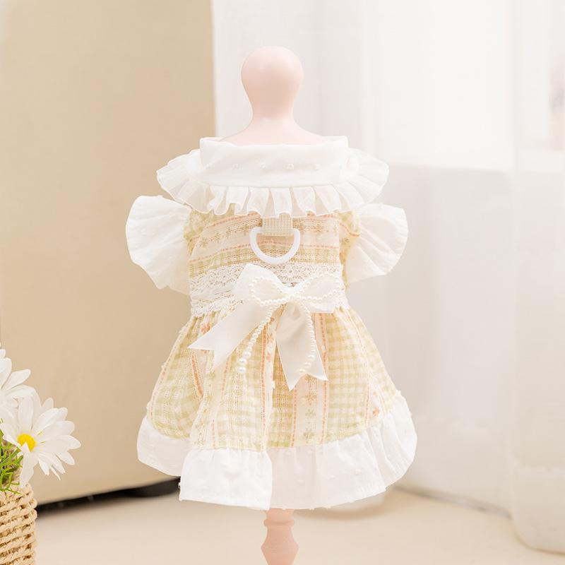 

Breathable Plaid Pet Dress with Pearl Trim, Summer Clothes for Small Dogs & Cats, 4 Sizes for Daily Wear S: 1.5-2.5kg