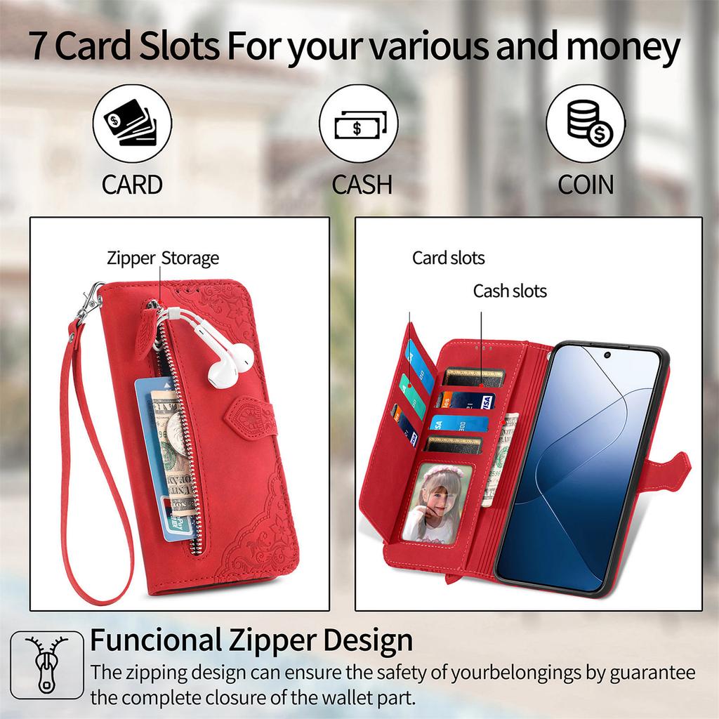 For Xiaomi 14T Zipper Wallet Case with Strap Flower Imprint PU Leather Phone Cover