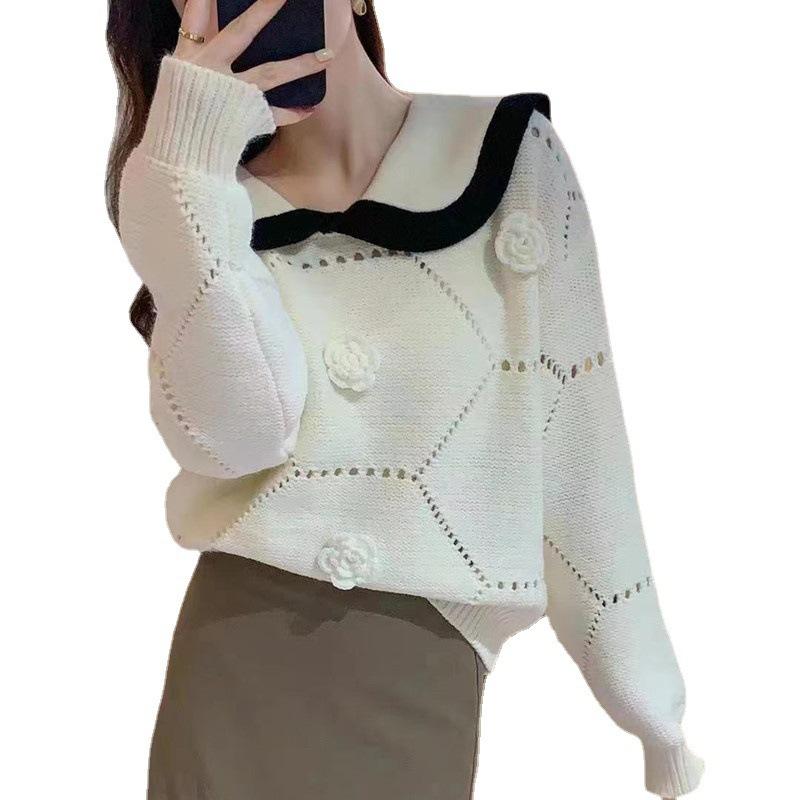 Otoño e Invierno Departamento Suave para Mujer Viento Dulce Flores de Rosa Tridimensionales Suéter de Punto Calado Cuello de Muñeca de Colisión Prendas de Punto