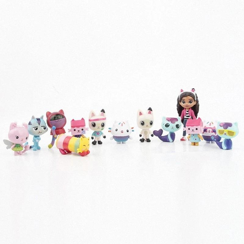 13pcs/set Gabby Dollhouse Figure Toy Mercat Cartoon Model Animals Smiling Car Cat Hug Gaby Girl Dolls Kids Birthday Gifts PVC Kid Friendly