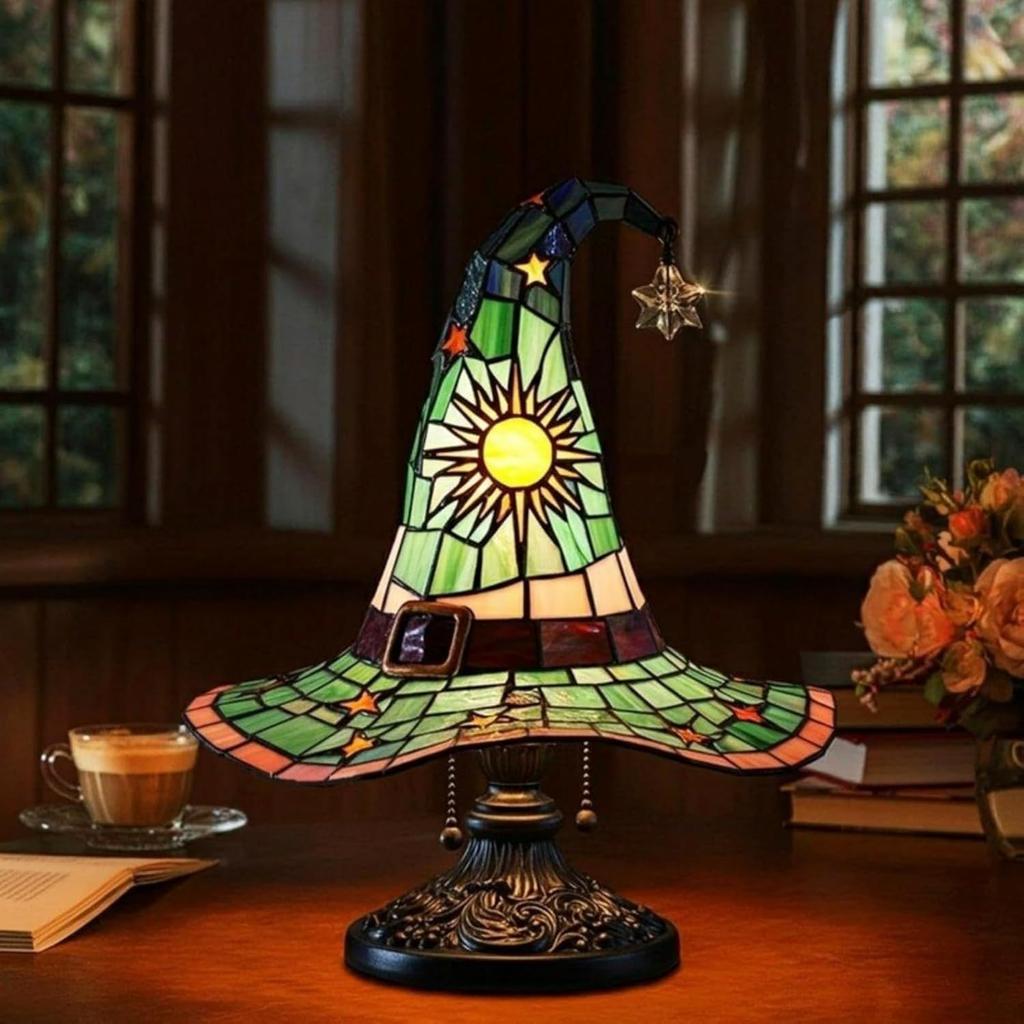 Witch Hat Lamps,2025 Stained Glass Witch Hat Lights with Mystical Charm, Handmade Gothic Wizard Hat Shape Lights for Wiccans & Halloween