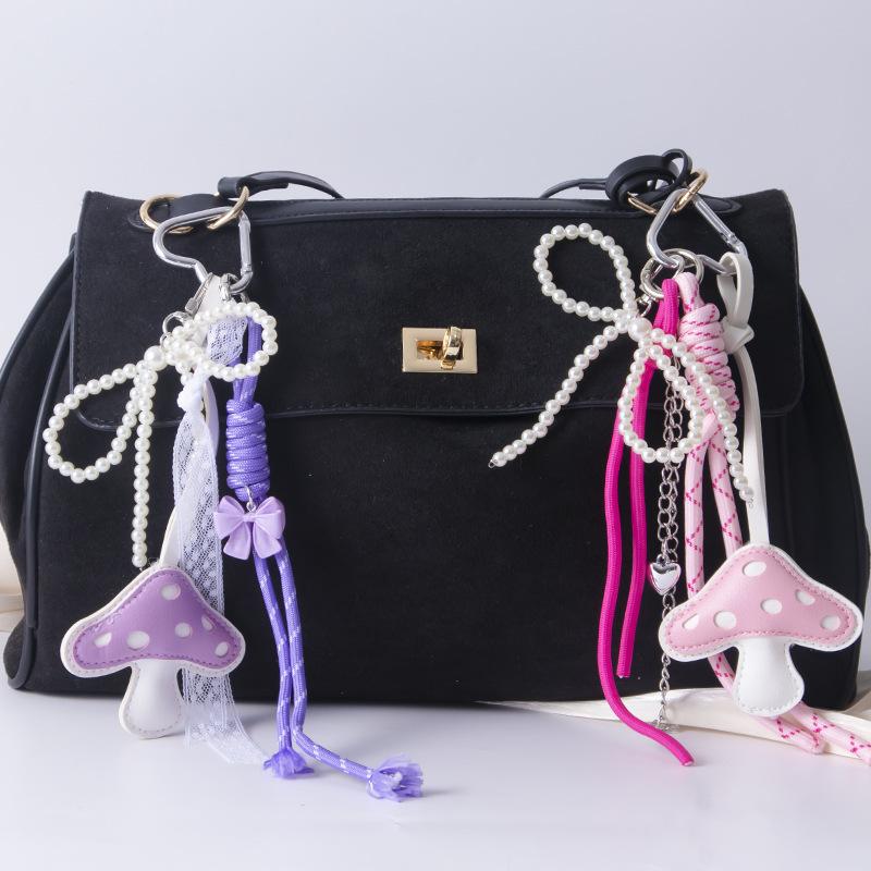 PU Leather Mushroom Decor Pendant Fashion Series Pearl Chain Student Backpack Woven Rope Decoration Accessories Bag Charm