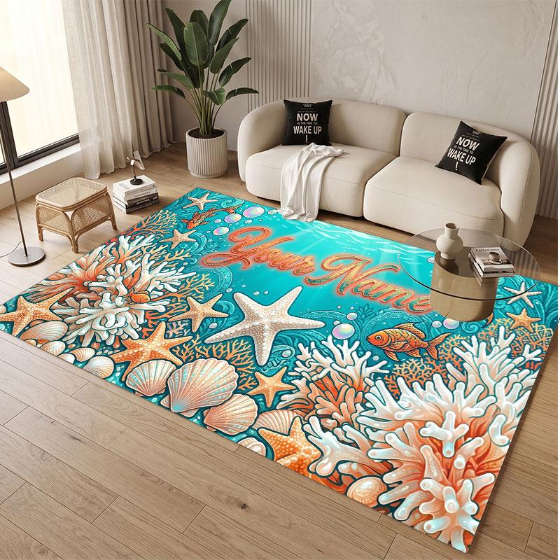 Fish Ocean Theme Soft Crystal Velvet Rug Custom Name & Text Print Non Slip Floor Rug for Bedroom Living Room