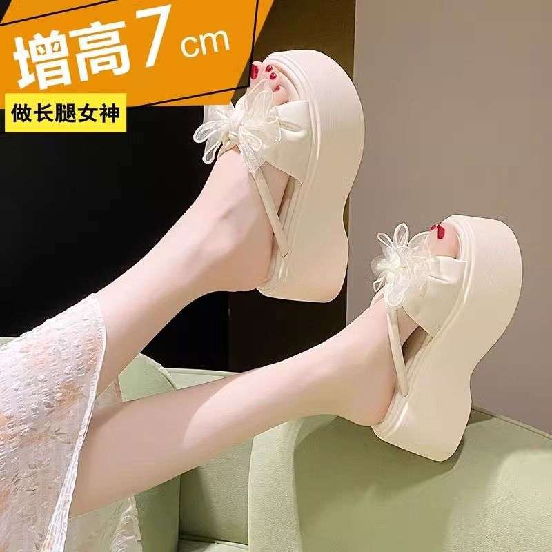Fashion slope heel slippers heightened platform women wear summer sandals 2025 new sweet bow one-word drag