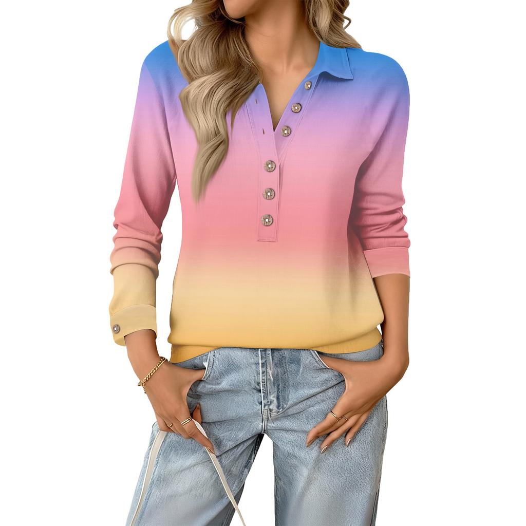 Women's Retro Street Lazy V,neck Long Sleeve Button Gradient Pullover Top
