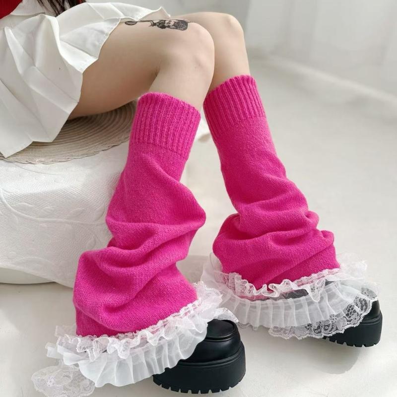 Damen Mädchen Fairycore Gestrickte Beinwärmer Ausgestellte Stiefelsocken Japanische JK Lagenlook Rüschen Spitzenbesatz Fußabdeckungen Streetwear