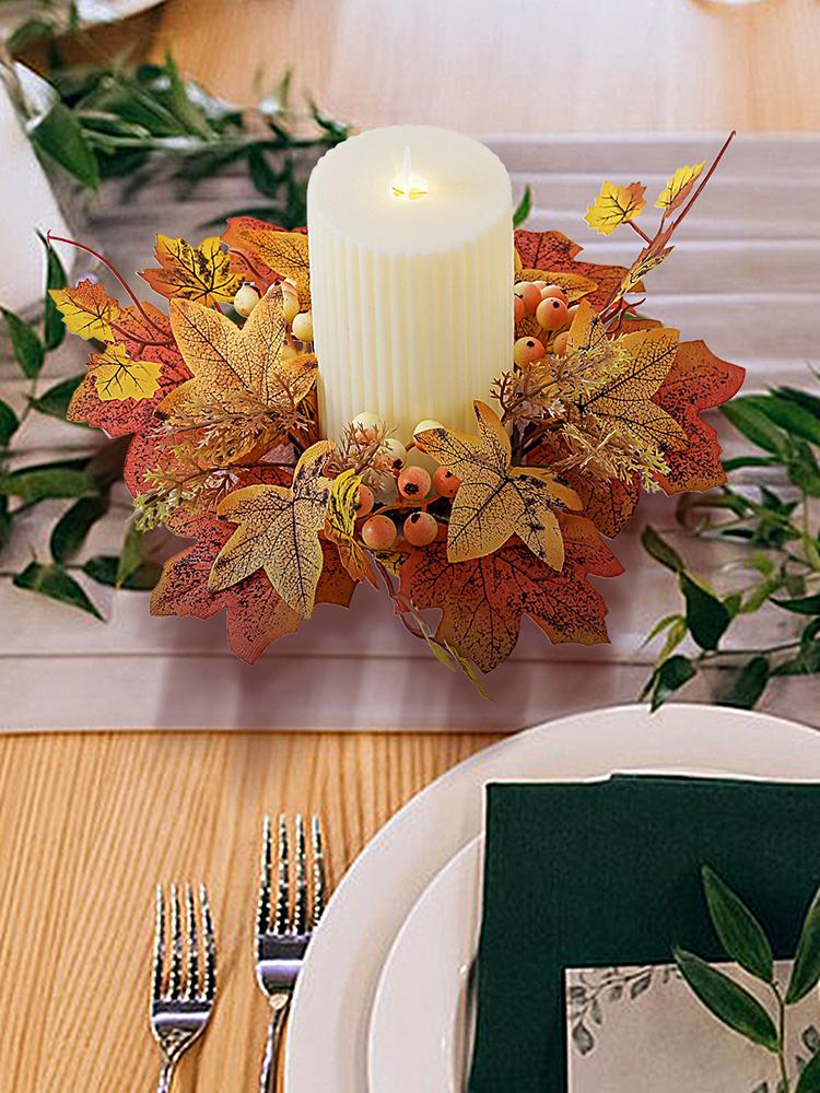 Fall Candle Ring 9.8Inch Maple Leaves Harvest Day Wreath Ring Holder Small Wreath Pillar Candle Holder Farmhouse Wreath Festival