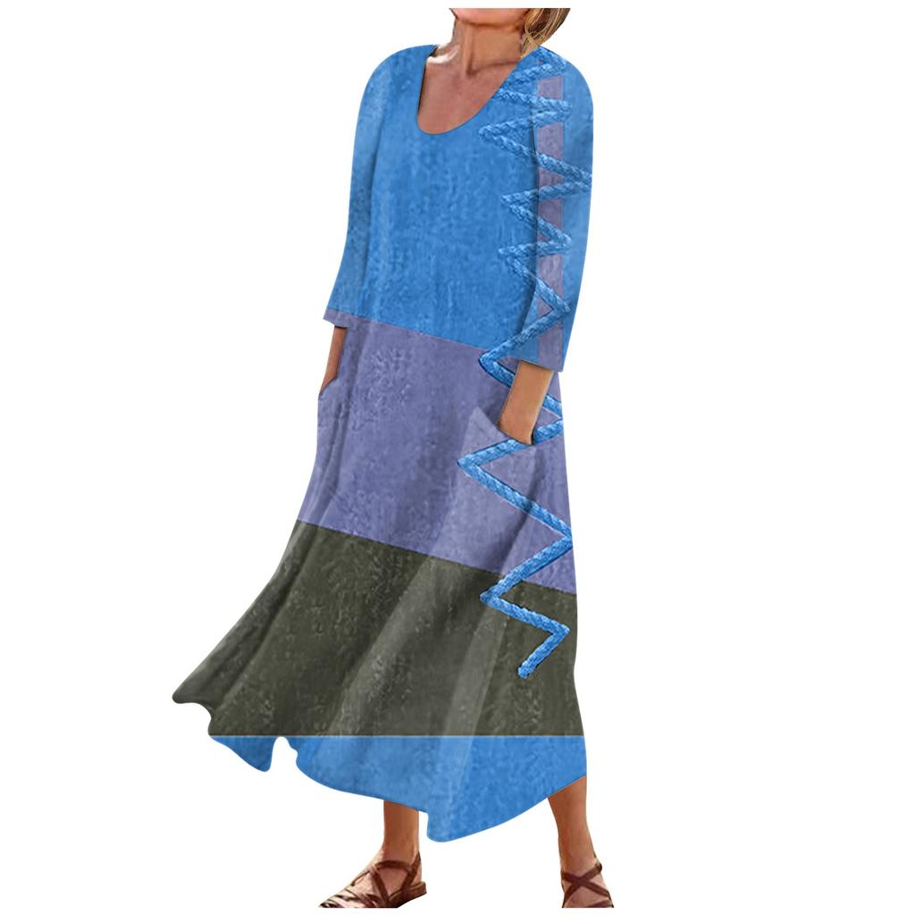 Sommerkleid für Damen, lässig, bedruckt, bequem, modisch, bedruckt, 3/4-Ärmel, Taschenkleid