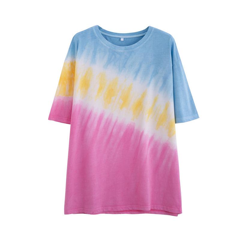 

Женская футболка средней длины с цветными блоками, в корейском ленивом стиле, свободная, повседневная, универсальная, с коротким рукавом one size