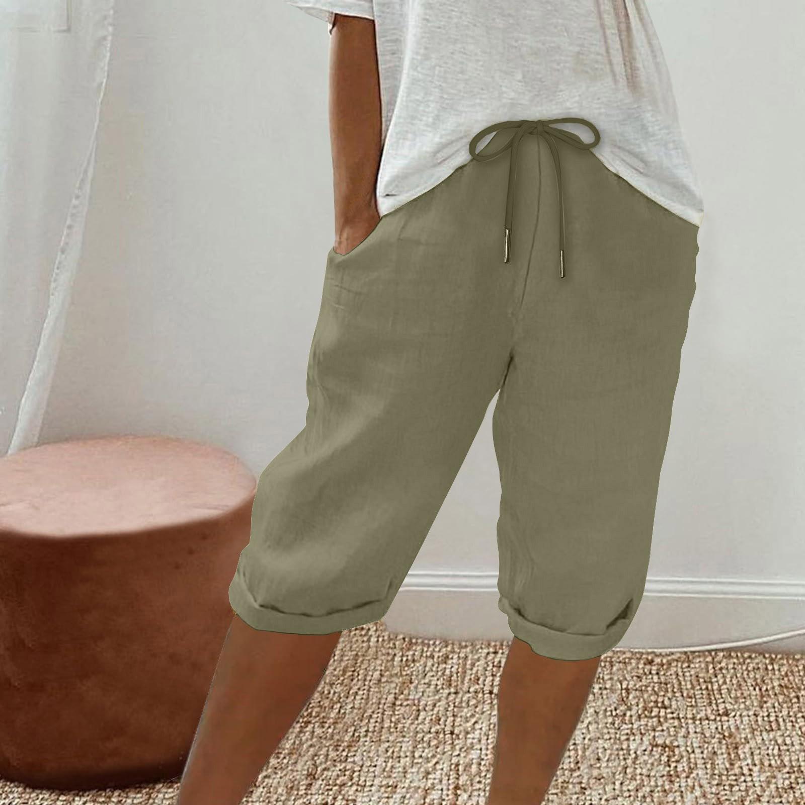 

Льняные шорты для женщин с высокой талией, повседневные полубрюки на шнурке с карманами L