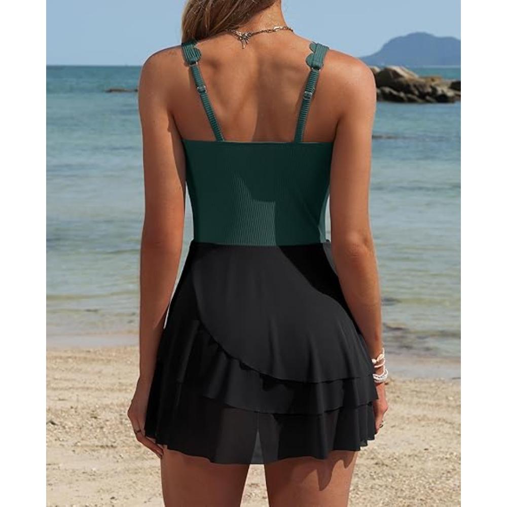 Charmoleaks Women One Piece Swimdress Tummy Control Swimsuits Full Coverage Bathing Suit Modest Mesh Sheer Swim Skirt