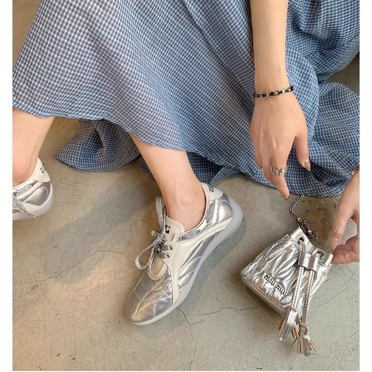 Grape Mother Same Pearl Lace-up Round Head Color Matching Casual Shoes Forrest Gump Board Shoes Femininity Versatile Soft-soled German Training Shoes