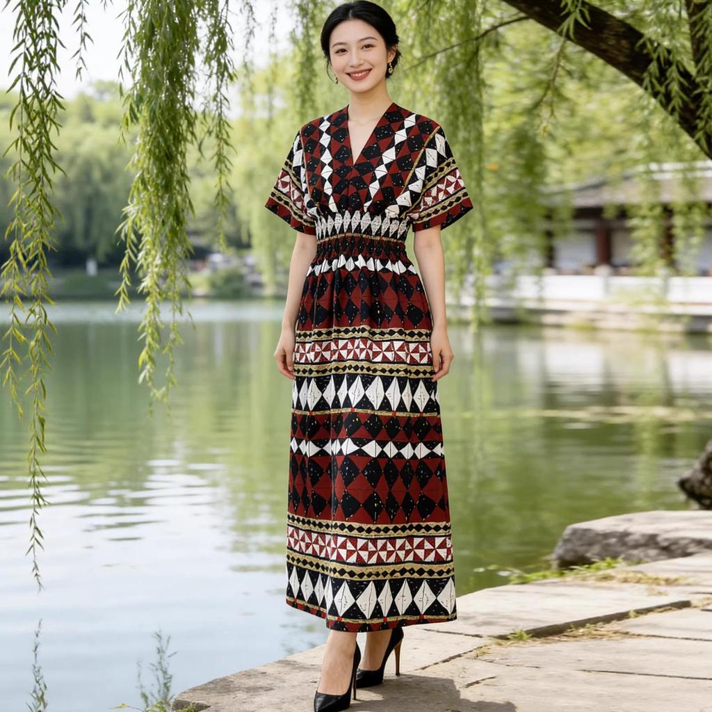 2026 V-neck Digital Print High-waist Batwing Sleeve Beach Dress - Southeast Asian Cotton Silk