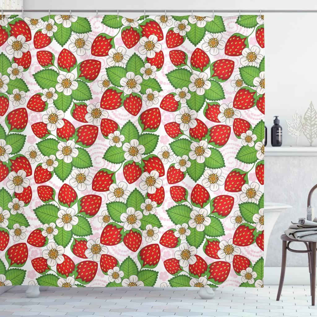 Kawaii Strawberry Shower Curtain For Bathroom Decor, Cute Pink Fruit Shower Curtain Waterproof Fabric Bath Curtain With Hooks