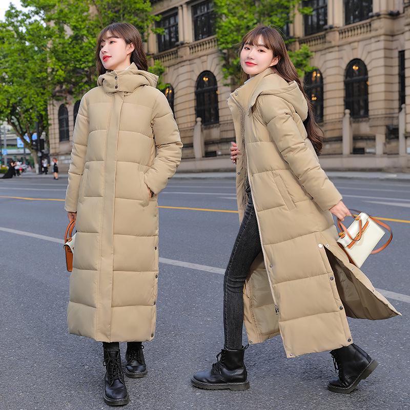 Women's Long Hooded Over-the-Knee Down Jacket - Thick, Warm, Slim Fit Winter Coat, Solid Color, Trendy Casual Style