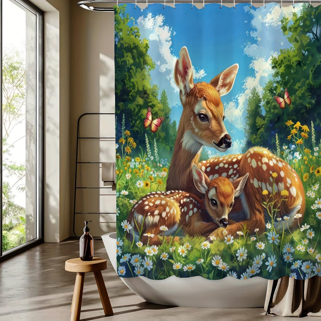Deer Forest Scene Shower Curtain - Vibrant Digital Print with Mother & Fawn,Butterflies & Wildflowers, All-Season Bathroom Decor