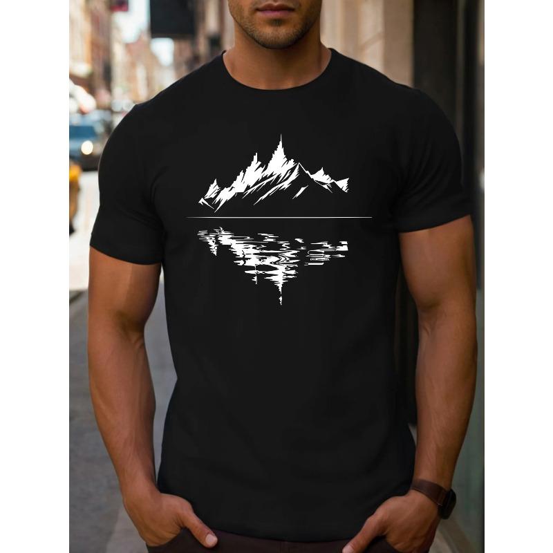Men's Summer 100% Pure Cotton Fashionable Casual Loose Fit Plus Mountain Reflection Printed Round Neck Short Sleeved T-shirt Top
