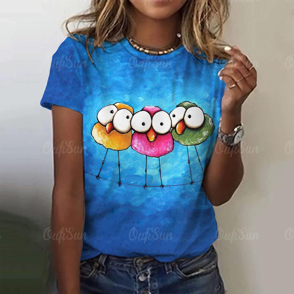 Maglietta da Donna con Grafica di Uccello Cartone Animato Estate Nuova Girocollo Pullover Femminile Ampia Street Maniche Corte T-shirt Moda Abbigliamento da Donna
