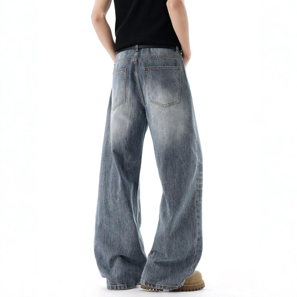 Trendy brand American ripped washed scimitar jeans men's and women's summer retro street loose and versatile wide-leg trousers