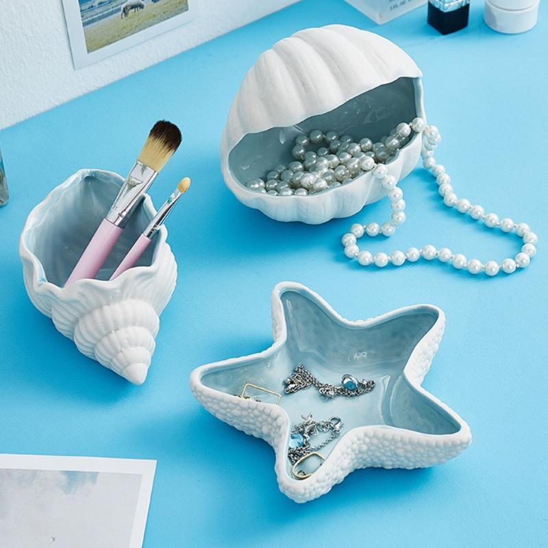 Elegant Coastal Themed Ceramic Dish For Jewelry Storage Makeup Vanity Tabletop Decorative Display Tray