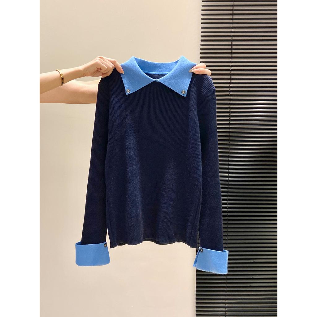 Temperament Contrasting Color Knitted Sweater Women's Autumn and Winter Niche Chic Olo Lapel Inside Sweater Backing Top