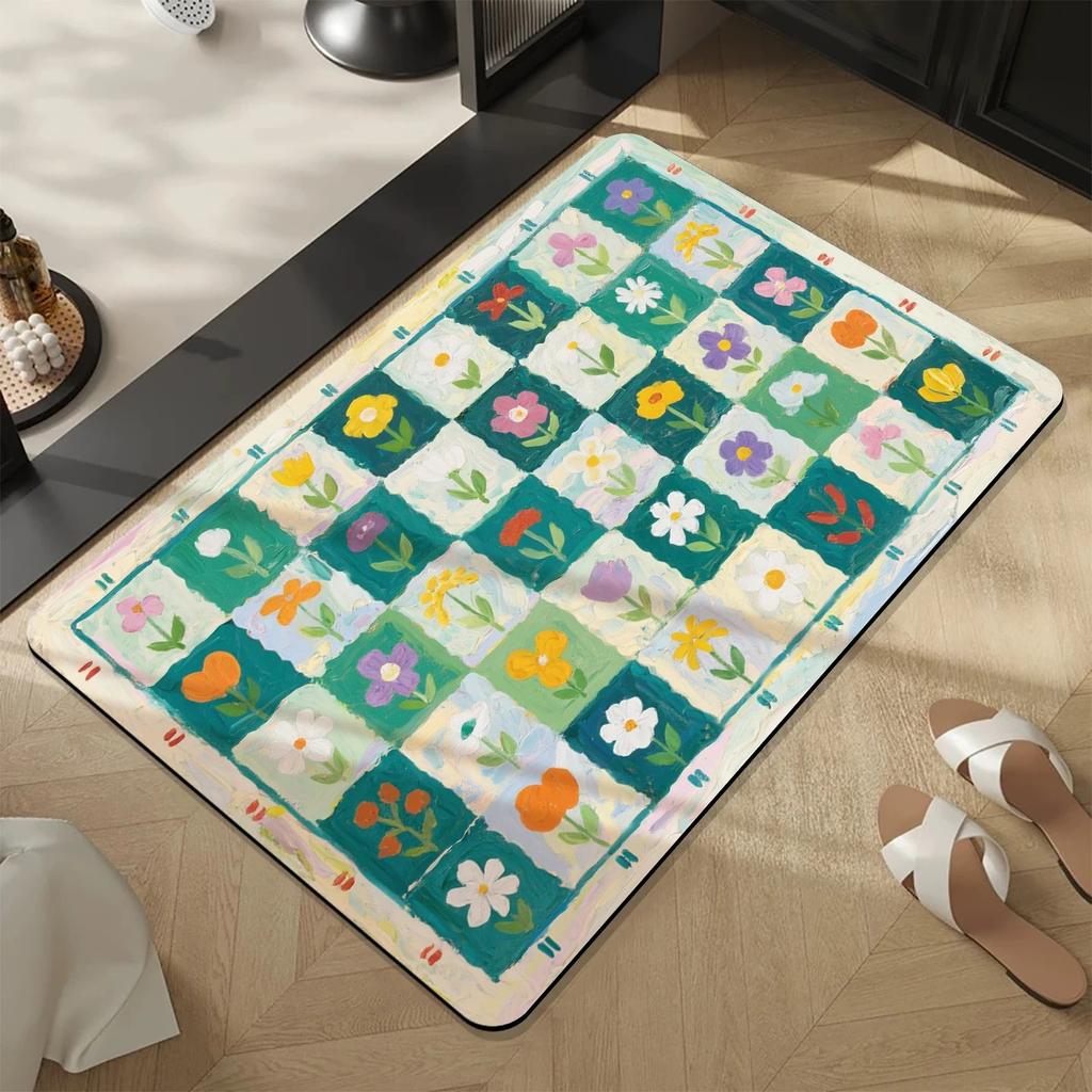Checkerboard Oil Painting Flower Printed Bathroom Bedroom Floor Mat Anti-Slip Colorful Bathroom Door Carpet Home Decoration