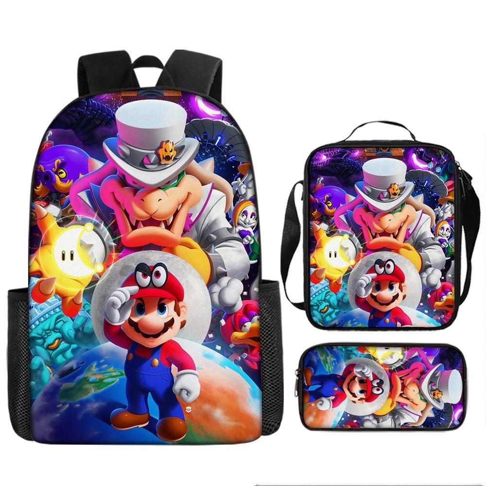 Set Zaino Cartone Animato Mario per Bambini Studenti Grande Capacità Borsa da Scuola Casual Trio