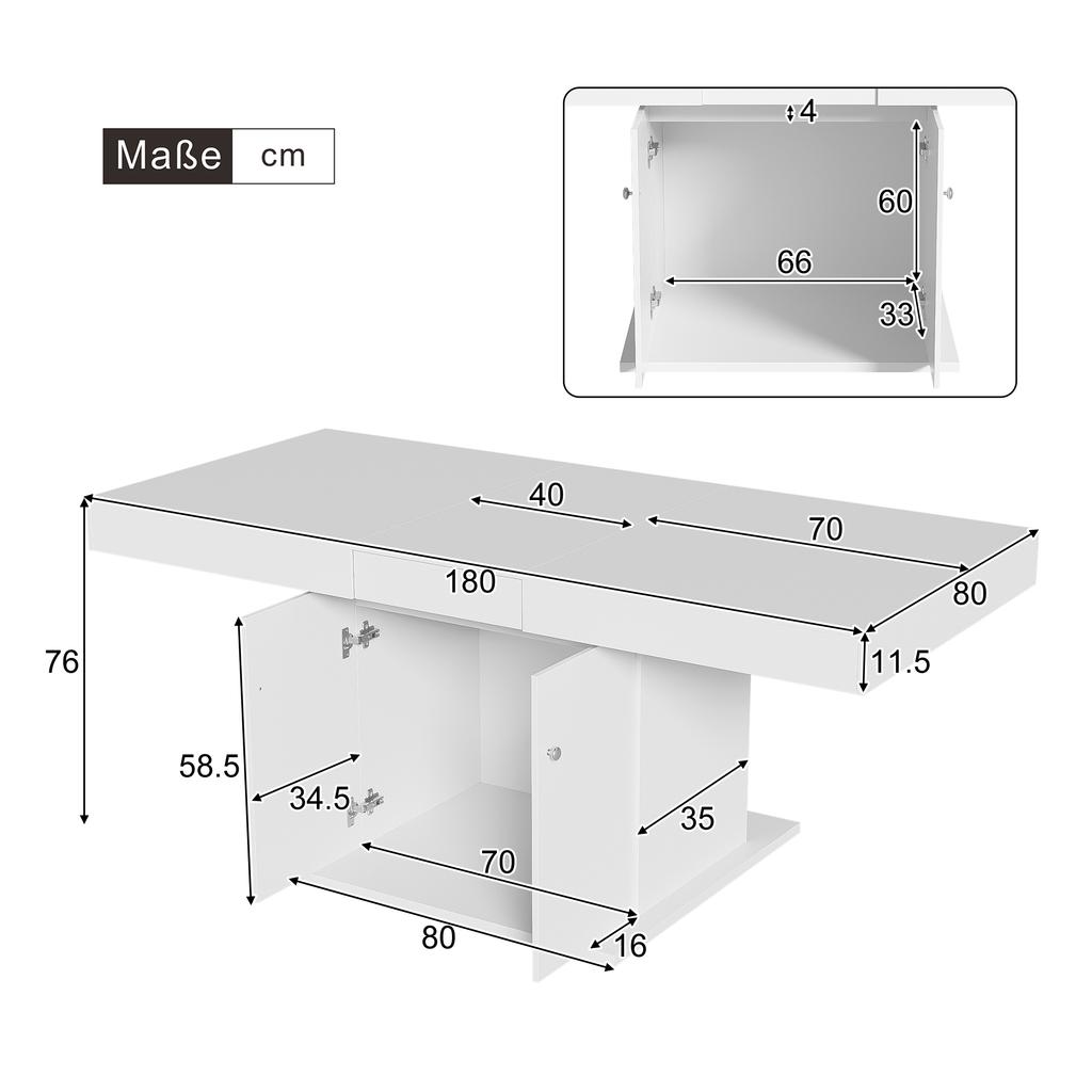 Extendable Dining Table, L140/180*W80*H76cm, with Storage, Rectangular, Coffee/Leisure, Space-Saving Multifunctional, Automatic Telescopic, White