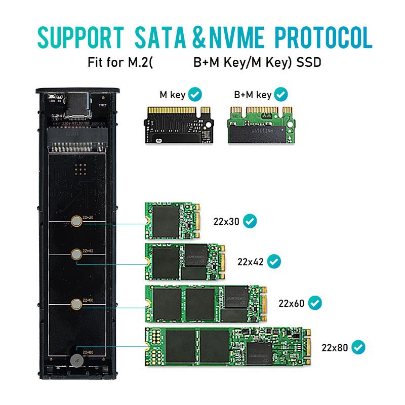 M2 SSD Case NVME Enclosure M.2 to USB SSD Adapter for NVME PCIE NGFF M.2 SATA SSD M/B+M Key 2230/2242/2260/2280 M2 Dual Protocol