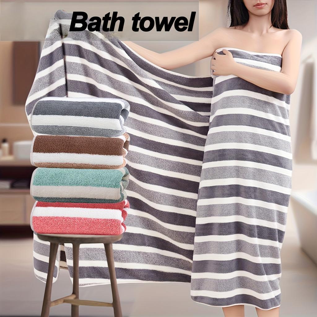 1 Pcs Super Soft Striped Coral Fleece Bath Towel, Modern Woven Rectangular Polyester Towel, Super Absorbent and Skin Friendly Bath Towel