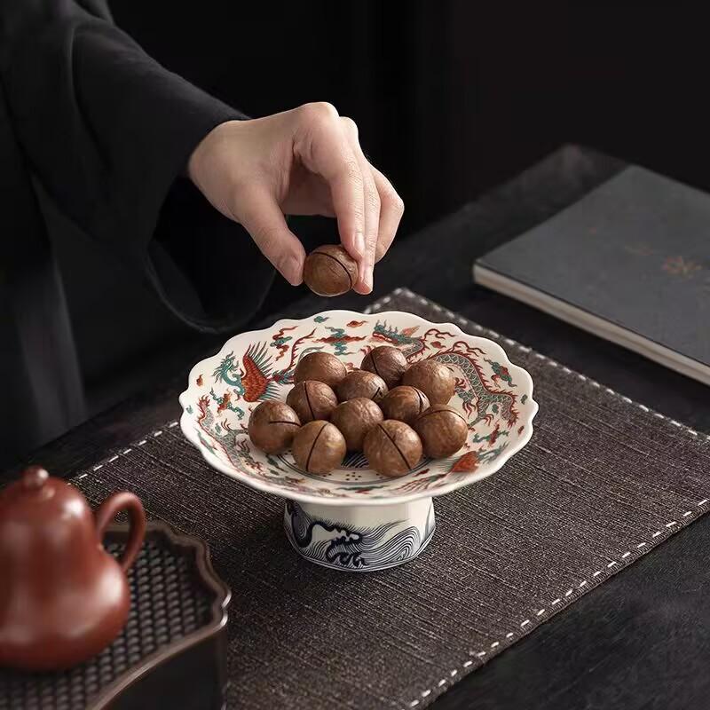 Chinesische Obstplatte Haushalt Wohnzimmer Couchtisch Snacks Hohe Platte Keramik Nationaler Stil Erfrischungsplatte Servierplatte