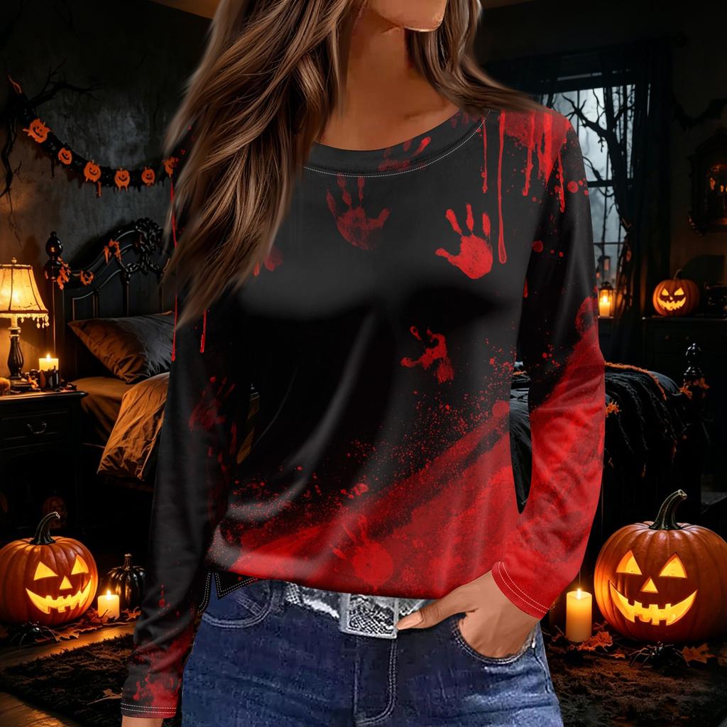 Women's Round Neck Long Sleeve Top with Halloween Print and Side Slit for Fall Festive Occasions