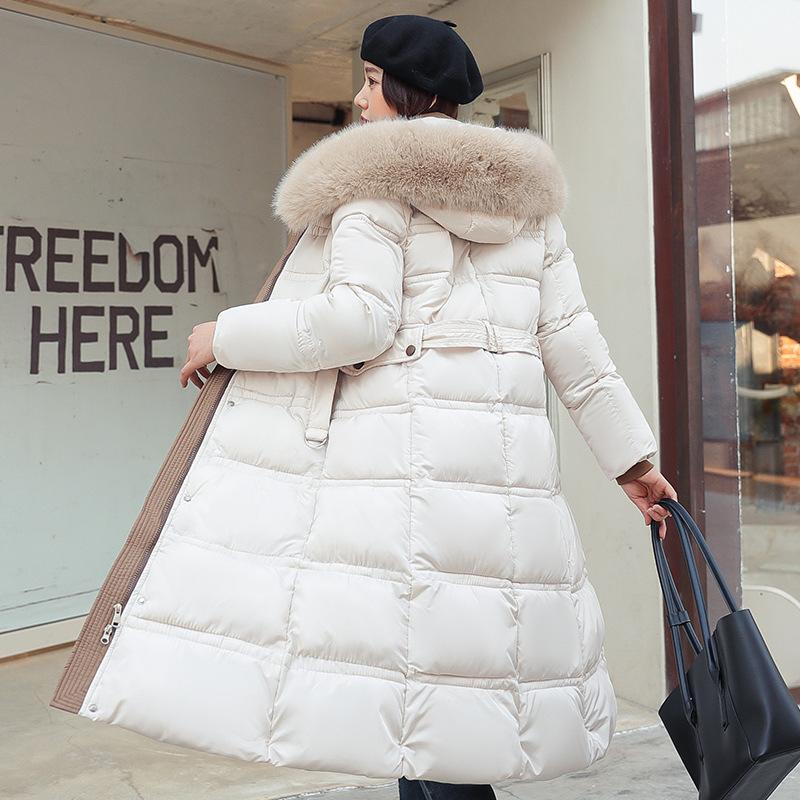 Women's Autumn And Winter Cotton Coat Medium Length Large Fur Collar Hooded Slim Fitting Coat Large Knee Length Cotton Jacket