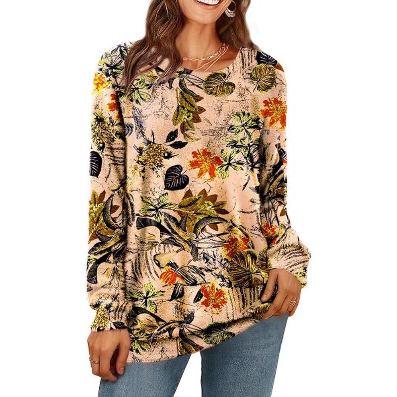 

Весенне-осенние женские футболки с круглым вырезом, цветочным узором и 3D-принтом, модные повседневные футболки с длинным рукавом 5XL