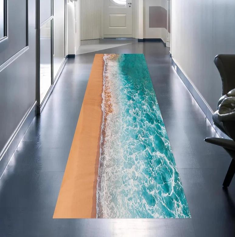 Ocean Wave Pattern Runner Rugs Dreamy Natural Scenery Sea Sand Print Mat Home Non-Slip Water Absorbent Hallway Bedroom Carpet