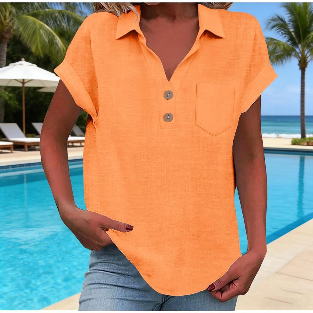 Women's Fashion Casual -Colour Buttoned Pocket Collared Short-Sleeved Shirt T-Shirt Top