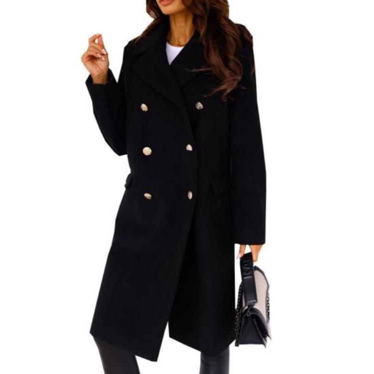 Winter Coat Women Double Breasted Overcoat Thermal Long Sleeves Loose Fit Turn Down Collar Pockets Pure Color Commuting Dating