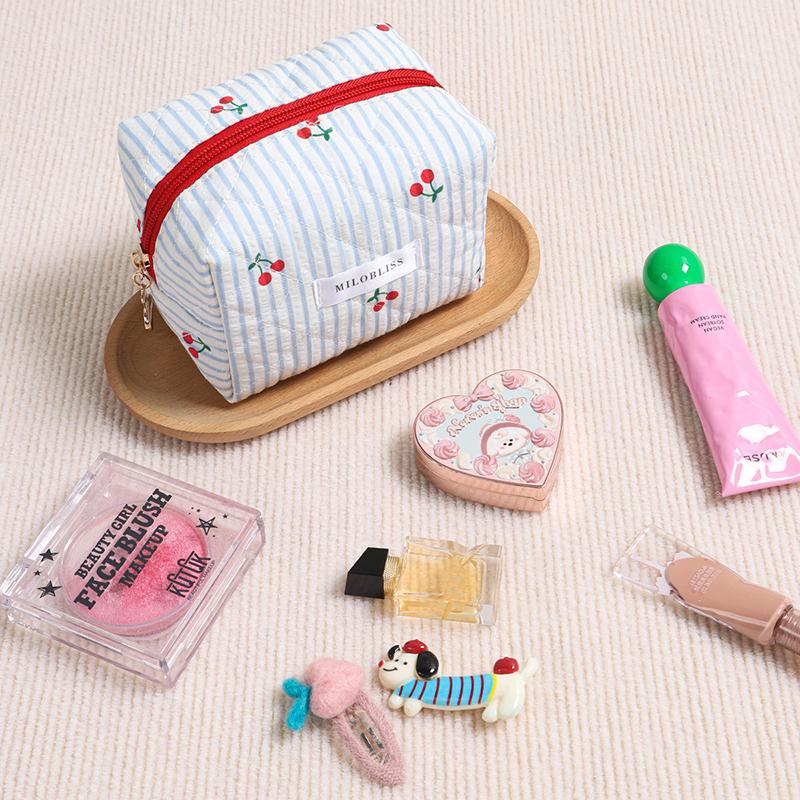 Plaid Bow Makeup Bag, Quilted Cherry Cosmetic Pouch, Student Lightweight Storage, Portable And Multifunctional