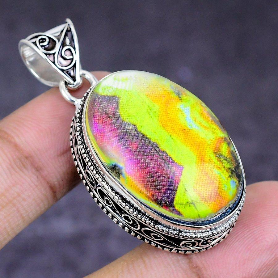 Natural Ammolite Gemstone 925 Sterling Silver Jewelry Pendant 1.77" ETC-14659