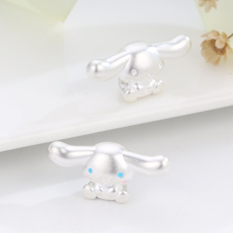 Sterling Silver 999 Big Ears Cinnamonroll Cartoon Bead Hand-woven Rope DIY Dog Loose Beads Pure Silver Ornament