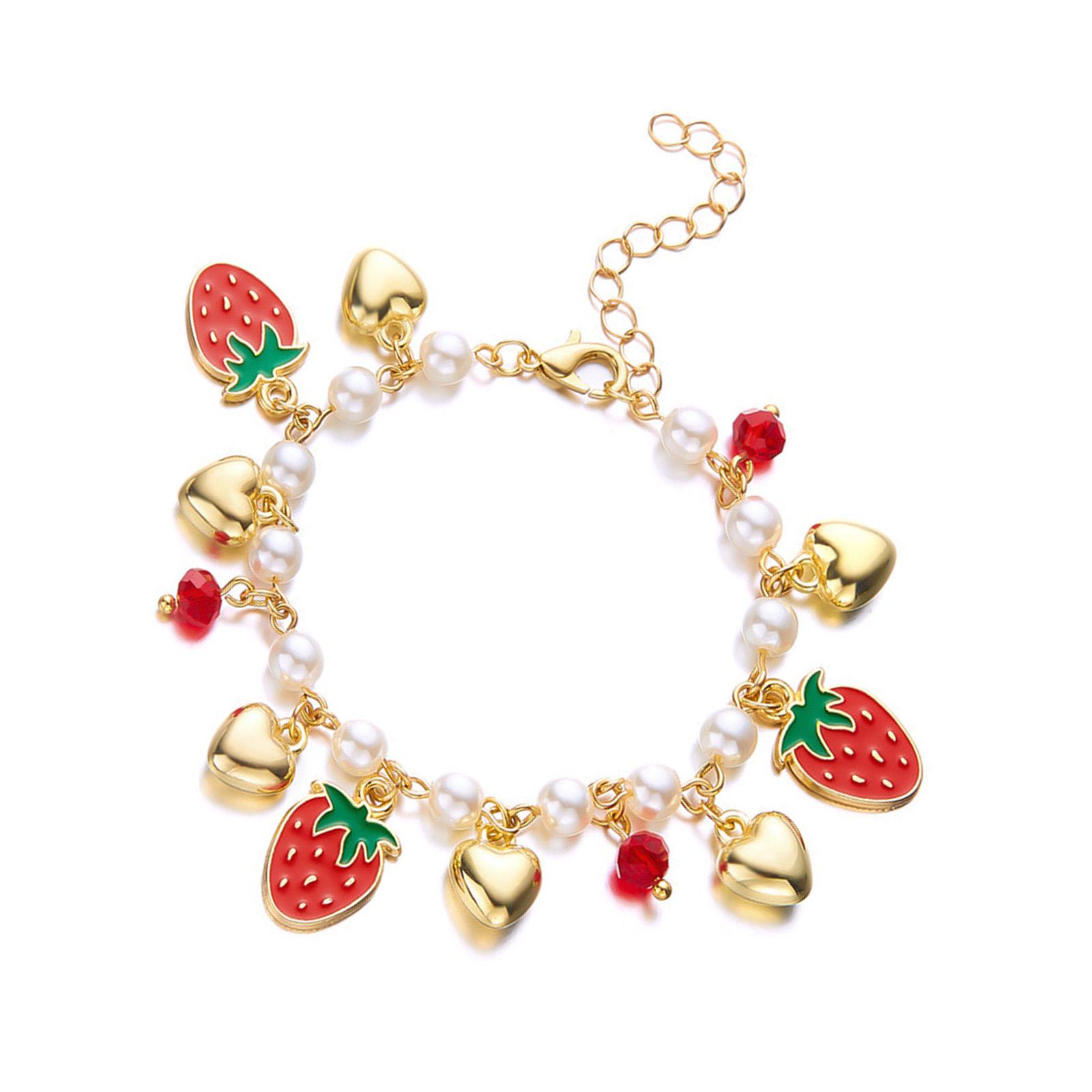 

Регулируемый браслет с подвесками Любовь с 3D клубничками, вишенками, сердечком и жемчужными бусинами для женщин, для повседневной носки A
