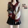 Retro Diamond Sweater for Women In Autumn and Winter Lace-up Bow Top Lace Spliced V-neck Long-sleeved Versatile Pullover