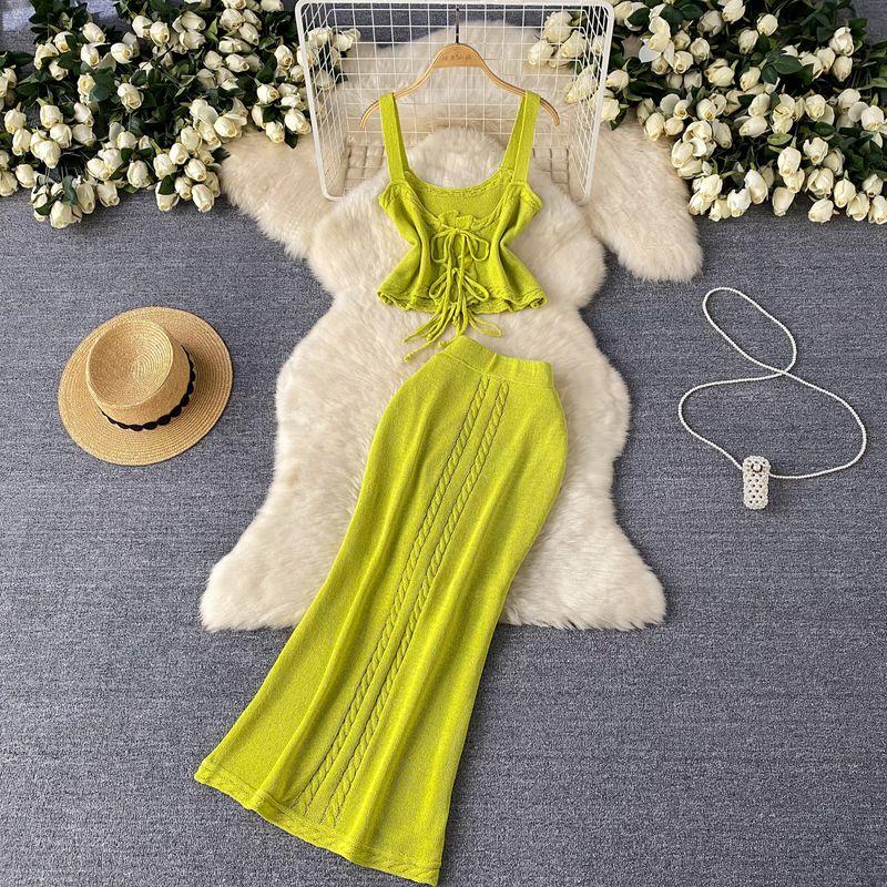 

Women s Holiday Wear Summer Knitted Two-Piece Hollow out Strap Stylish Sling Tops High Waist Long Skirt Light yellow One size