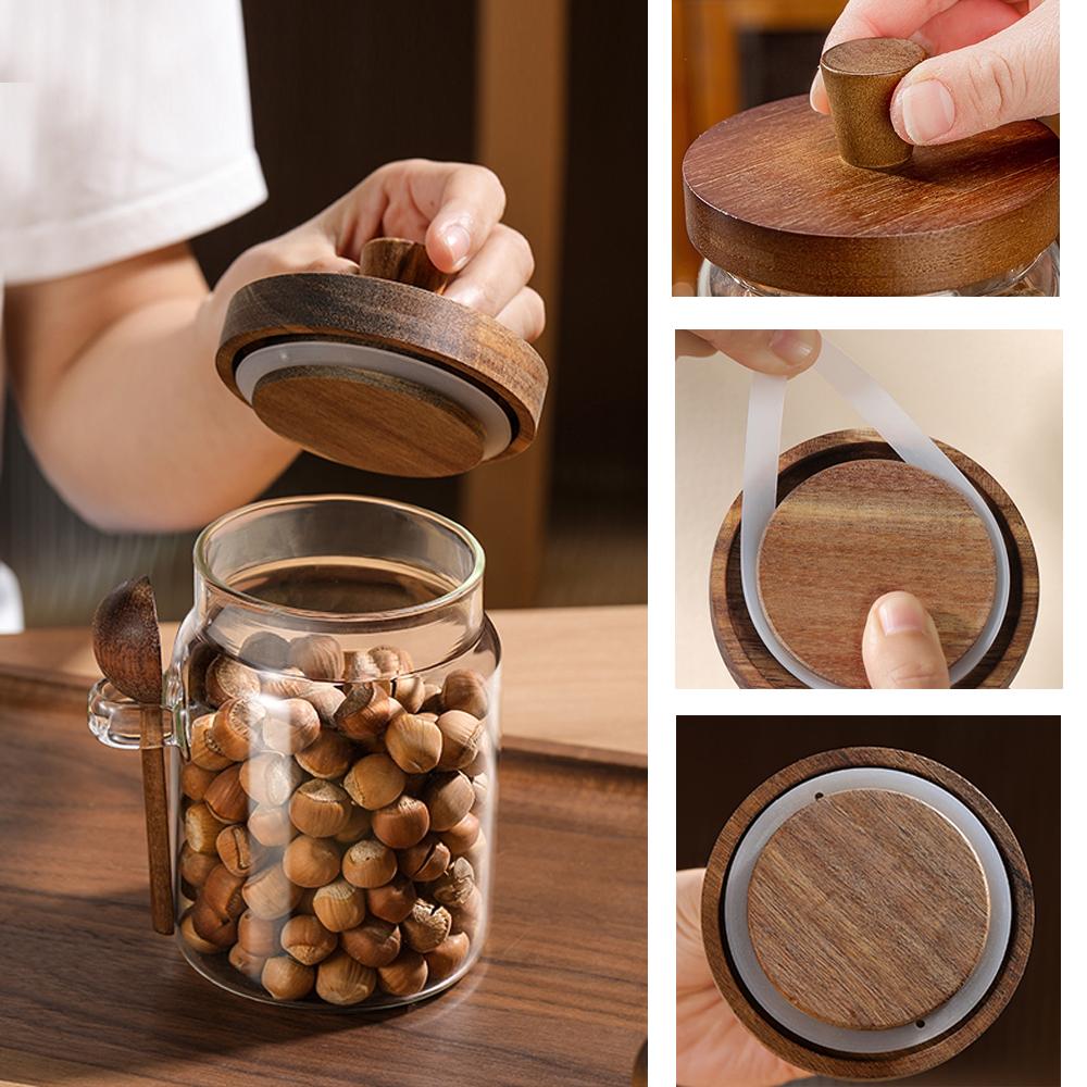 Glass Jar Grains Coffee Bean Tealeaf Storage Containers with Wood Spoon Lid Clear Spice Jar Bottle Kitchen Organizer