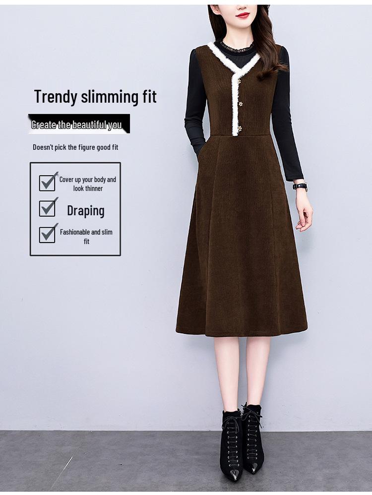 2026 Autumn/Winter Elegant Hepburn Style Slimming Patchwork Mid-Length Dress