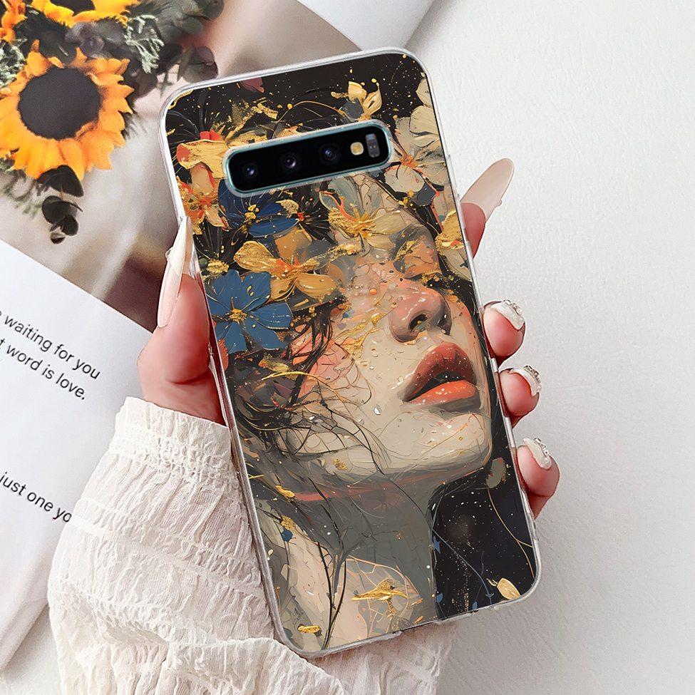 For Samsung S10 Plus Case SM-G975F Cute Kawaii Fashion Flowers Luxury Cool Painted Soft Cover For Samsung Galaxy S10+ Phone Case