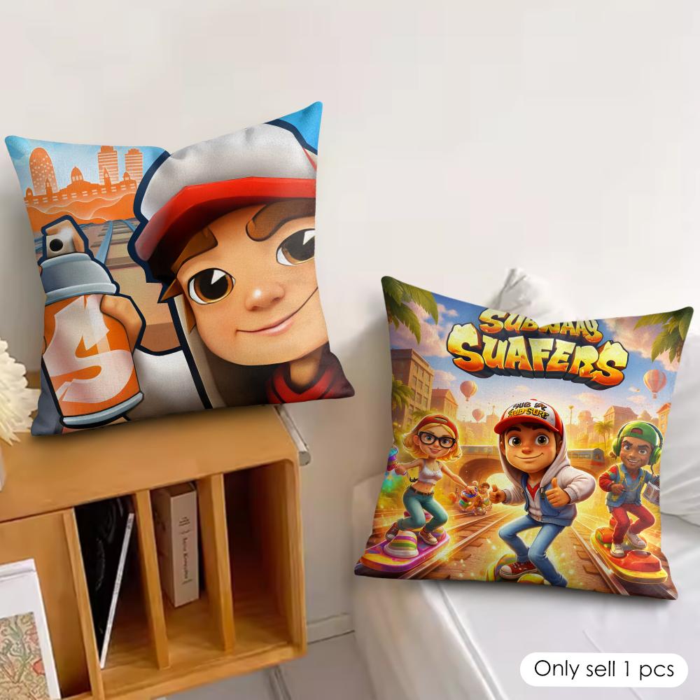 S-Subway Surfer Game Cushion Cover Silky Short Plush Invisible Zipper Dustproof Sofa Pillow Case For Home Decor